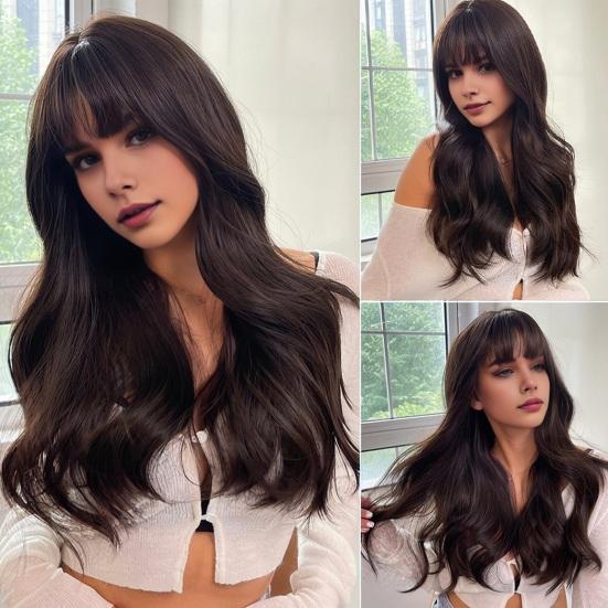 

Женский длинный вьющийся парик с челкой, естественный вид, термостойкие высокотемпературные волокна, коричневые женские волнистые синтетические волосы B