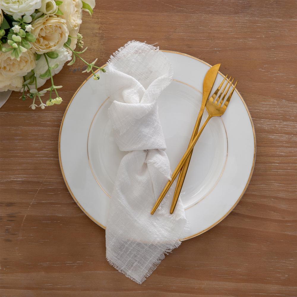 6pcs 32x32cm 100% Cotton soft beige Gauze C Wedding Napkins Reusable Blue Trim Tea Towel Rustic Retro Burrs napkins For Dinner,Party,Weddings