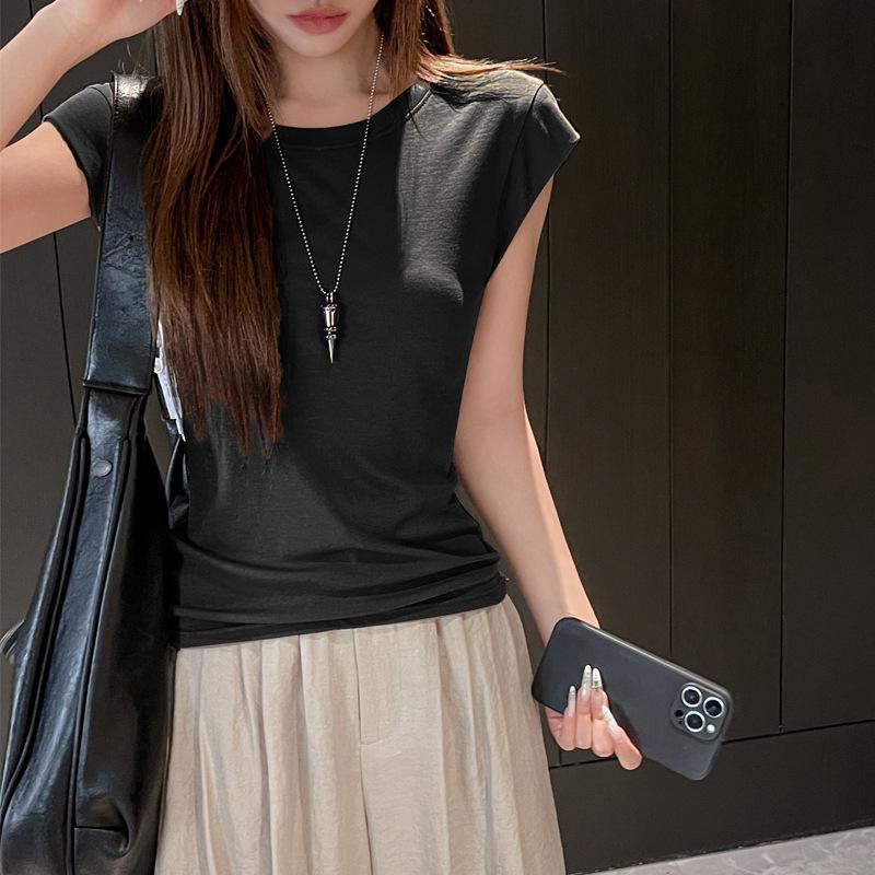 

Lyocell Tencel summer new front shoulder short-sleeved t-shirt women s shoulder width advanced temperament small fly sleeve top S (suitable for weight 35-47.5kg ) чёрный
