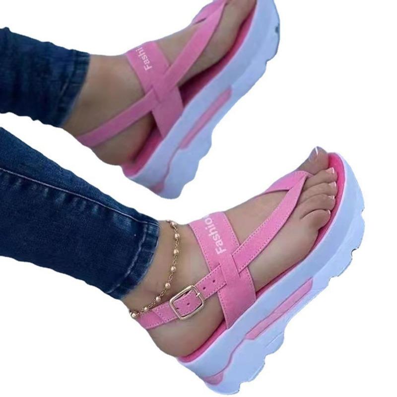New product summer small fresh women's toe thick sole height increase solid color buckle Velcro sandals