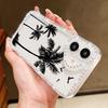 For iPhone 16 16E 15 Pro Max 14 Pro 13 12 11 Case Diamond Frame Coconut Tree Print Clear Shockproof Lens Protection Soft Silicone Phone Cover Shell