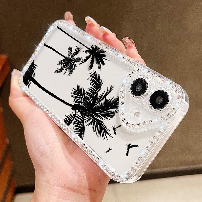 For iPhone 16 16E 15 Pro Max 14 Pro 13 12 11 Case Diamond Frame Coconut Tree Print Clear Shockproof Lens Protection Soft Silicone Phone Cover Shell
