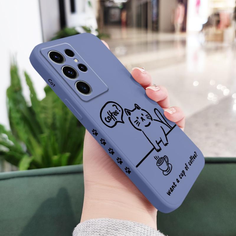 

Line Coffee Cat Phone Case For Samsung Galaxy S25 FE S24 S23 S22 S21 S20 S10 S10E Ultra Plus Note 20 Ultra 10 Plus Cover Galaxy S24