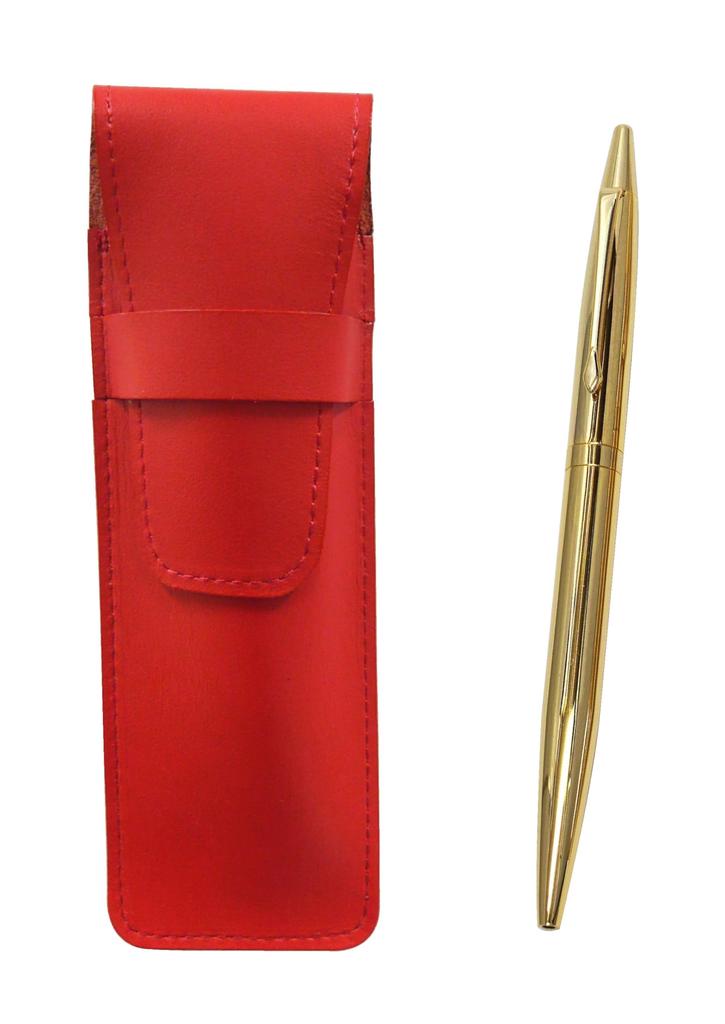 2 Pack Slim Cowhide Pencil Case Red Elegant Gold Rotating Ballpoint Pen Set T23-ASR-DS2-2