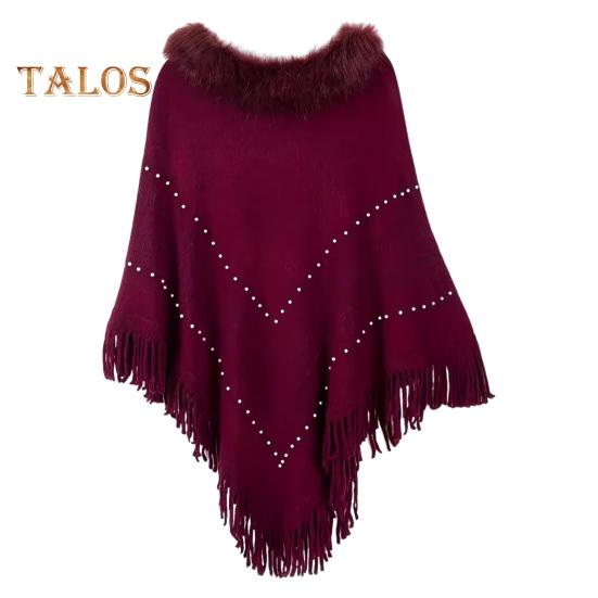 Women Fall Winter Cloak Tassel Bead Decor Faux Fur Decor Triangle Shape Solid Color Knitted Keep Warm Elastic Poncho Shrug Bohemian Style Cable Wrap