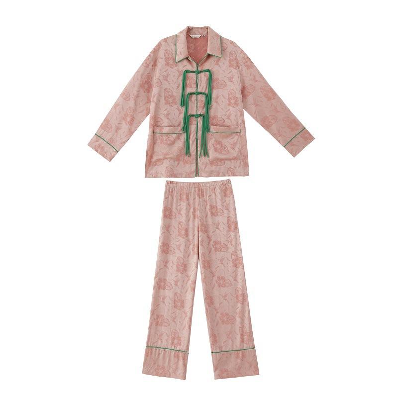 Women's Silk Satin Pajamas Set Chinese Jacquard Tassel Buckle Sleepwear for Women Loungewear 2 Pcs Long Sleeve Pants Home Suit