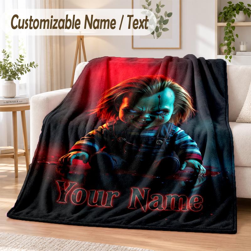 Child's Play Chucky Tiffany Custom Name Flannel Throw Blanket Soft Warm for Sofa Bed Indoor Home Use