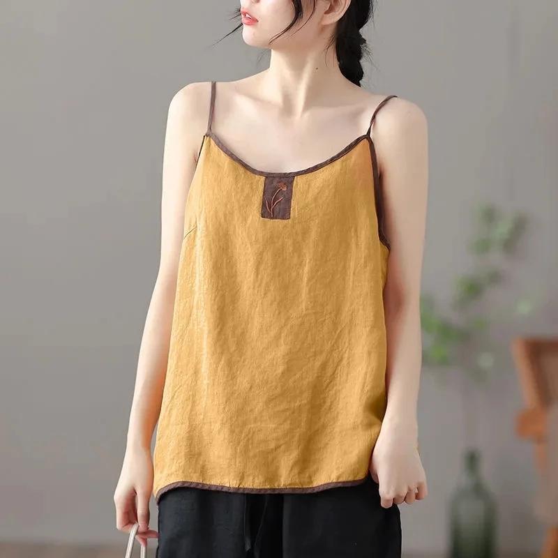 Bomull Lin Tanks Camis Dame Vintage Harajuku Chic Casual Topp Dame Brodert Vest Ermeløs Bunn Sling Cami