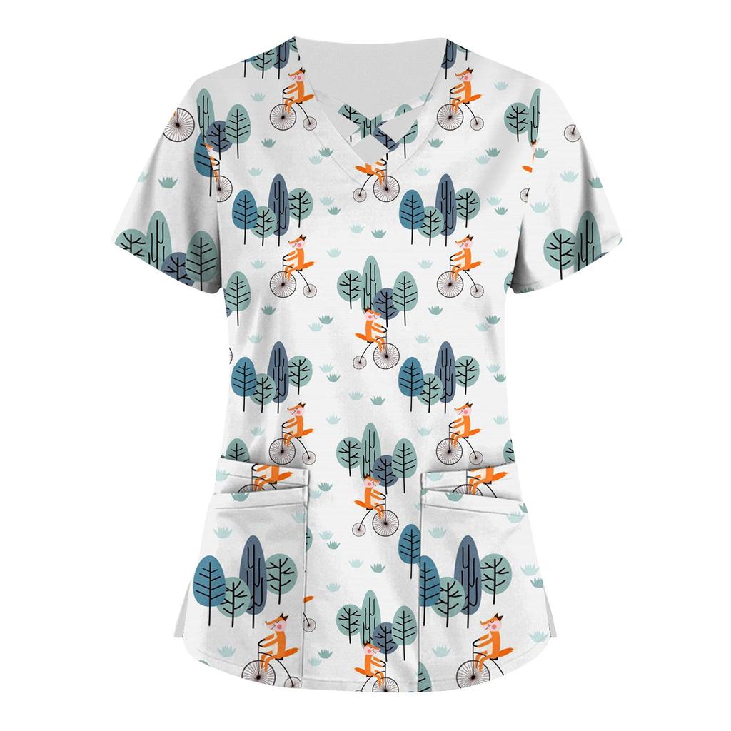 Plus Size Cute Printed Scrub Working Uniform Tops For Women Cross V-Neck Short Sleeve Fun T-Shirts Workwear Tee With Pockets