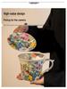 Ceramic Curved Handle Mug with Spoon and Saucer, Floral Design, Ideal for Breakfast, Oatmeal, Milk, Coffee.