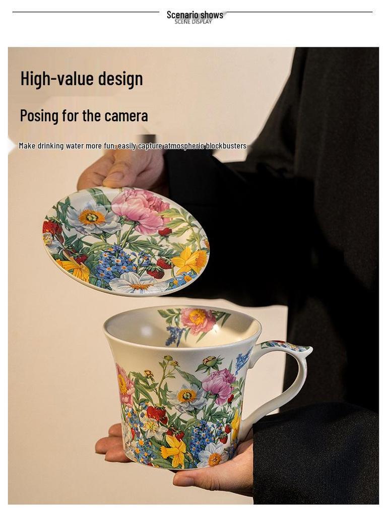 Ceramic Curved Handle Mug with Spoon and Saucer, Floral Design, Ideal for Breakfast, Oatmeal, Milk, Coffee.