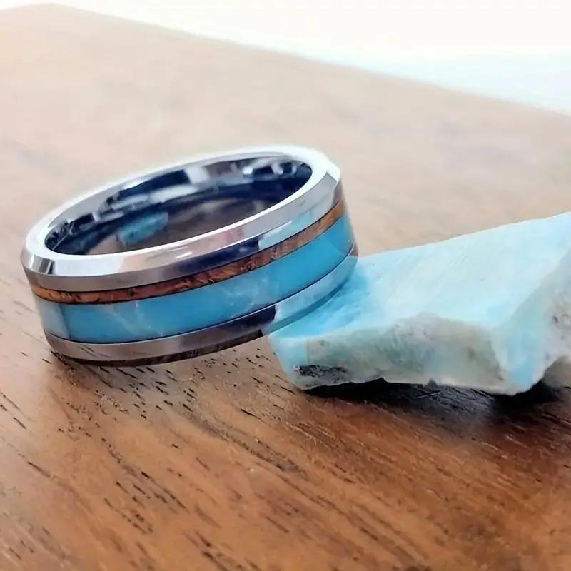 Fashion 8mm Men Stainless Steel Rings Inlay Blue Faux Turquoise Wood Rings For Men Women Wedding Engagement Band Jewelry Gift