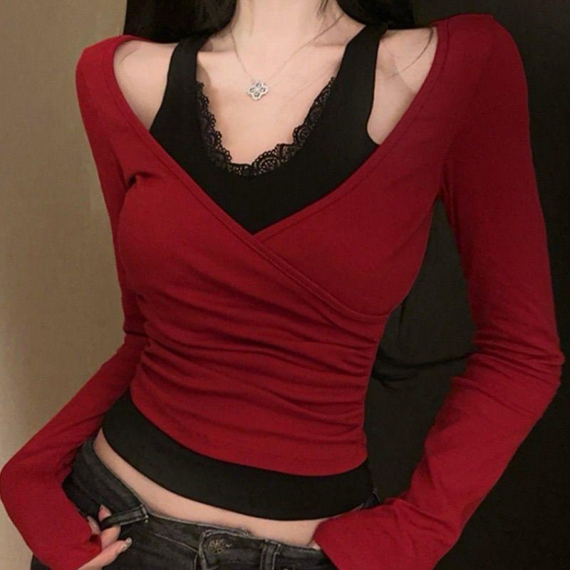 Women's Sexy Red Lace Halter V-Neck Two-Piece T-Shirt