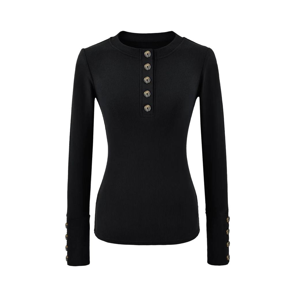 Korean-Style Slim Fit Henry Collar Fleece Long Sleeve T-Shirt for Women - Autumn/Winter Stretchy Base Layer Top