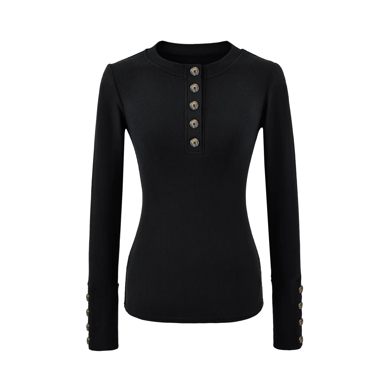 

Korean-Style Slim Fit Henry Collar Fleece Long Sleeve T-Shirt for Women - Autumn/Winter Stretchy Base Layer Top Small чёрный