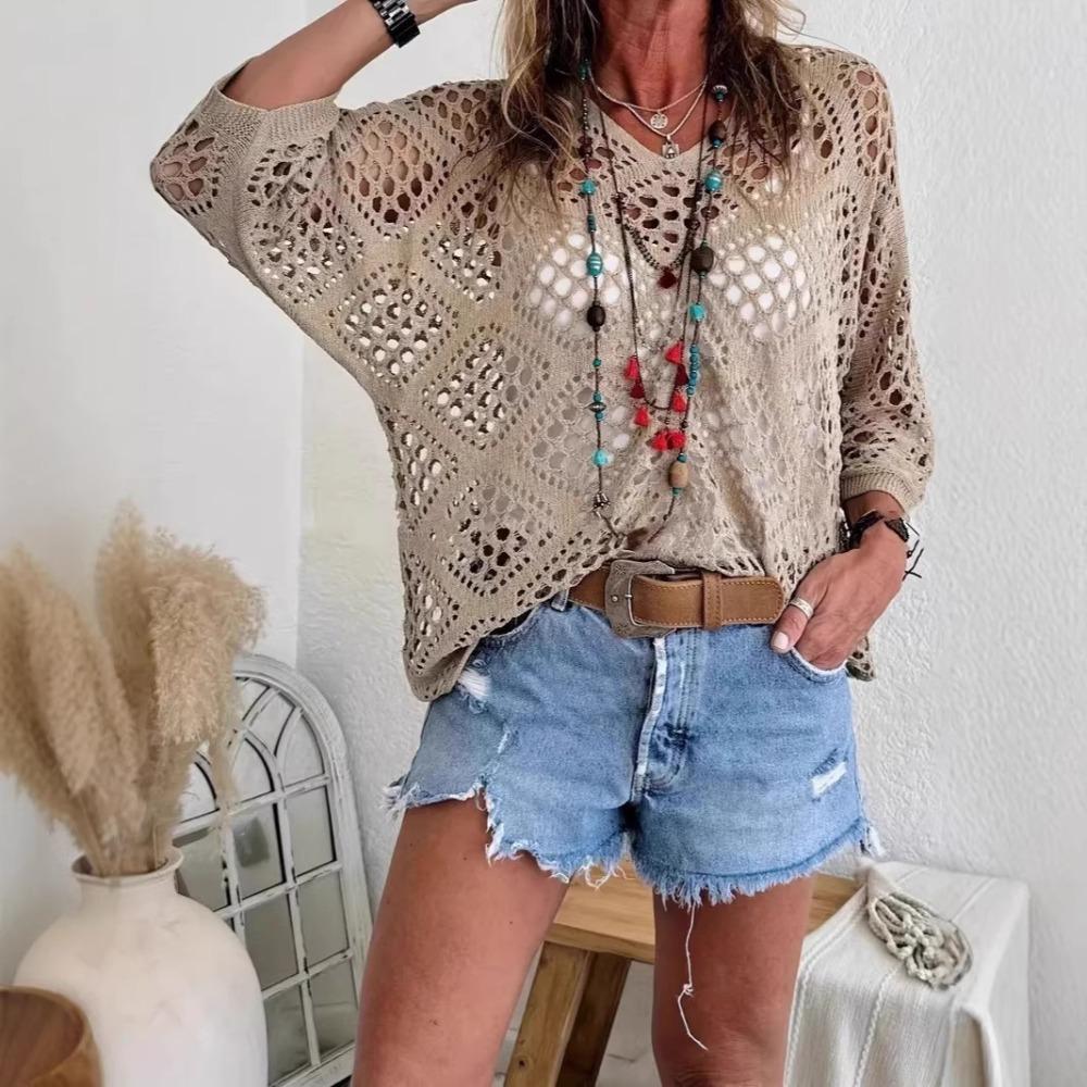 Women Spring Summer V-neck Diamond Hollow Out Batwing Sleeve Knit Sweater Loose Cover Up Blouse