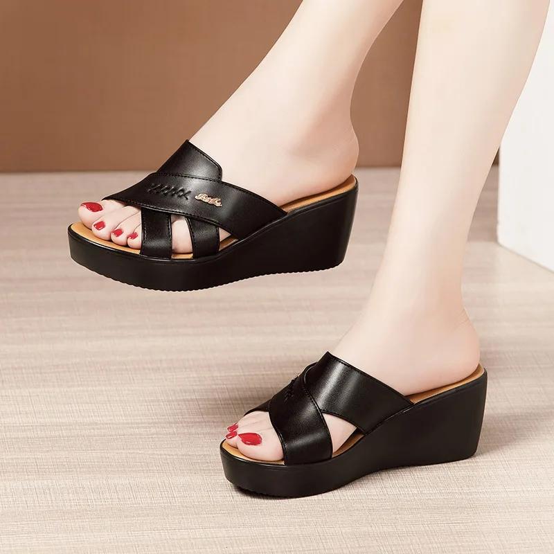 6cm Small Size 32-43 Comfortable All Match Soft Leather Slippers Platform Shoes 2025 Womens Med Heels Wedges Slides Office Beach