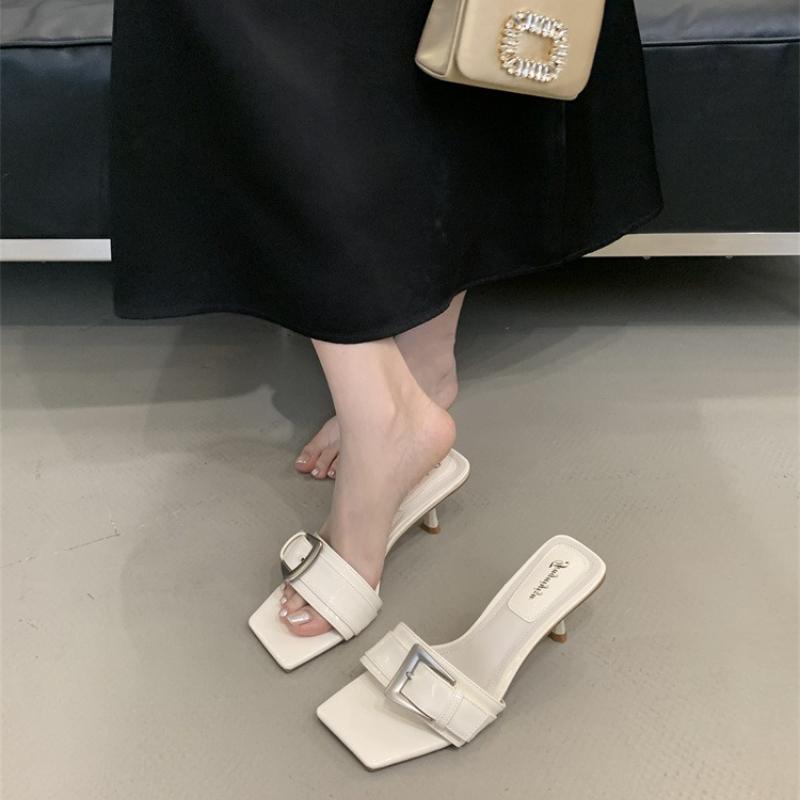 Fashion Patent Leather Buckle Design Brand Slippers Women Fashion Open Toe Thin Heel Slide Sandals Elegant Comfortable High Heel Sandals