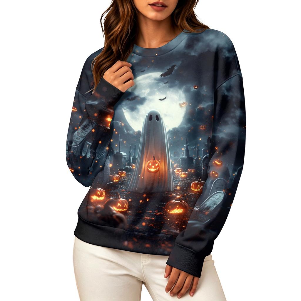 Women's Casual Long Sleeve Halloween Print Crewneck Sweatshirt