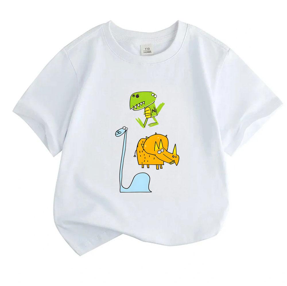 Kids Boys Girls 100% Cotton Crew Neck Short Sleeve T-Shirt, Funny Cartoon Dinosaur Print Casual Comfy Tee for Toddler Children Daily Outdoor Play Wear