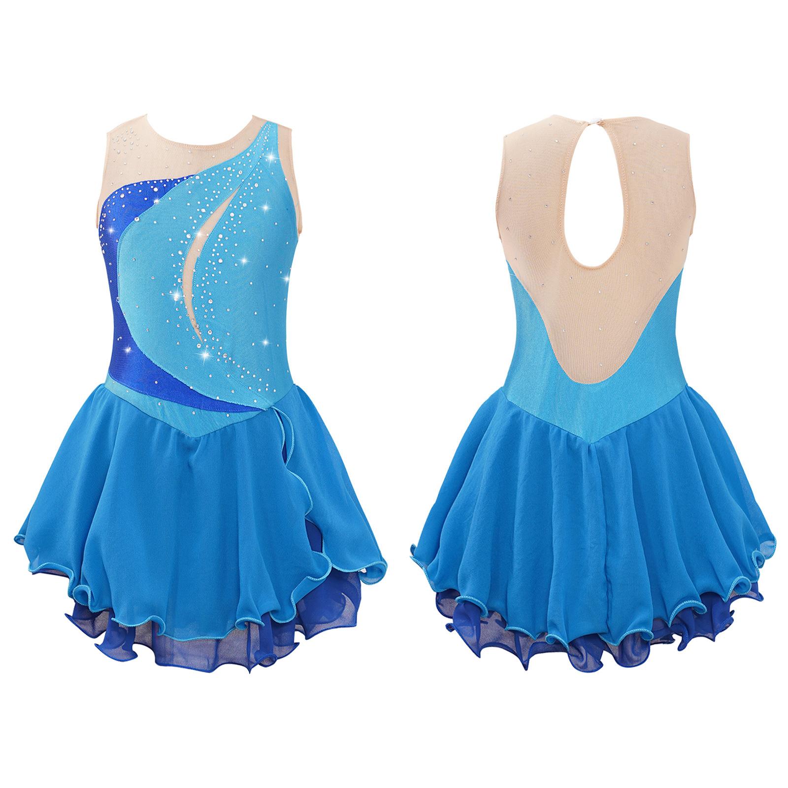 IEFiEL Kinderen Meisjes Ijs Kunstschaatsen Jurk Mouwloos Strass Competitie Kostuums Ballet Dans Tutu Rok 7-8 Years lichtblauwe kleur
