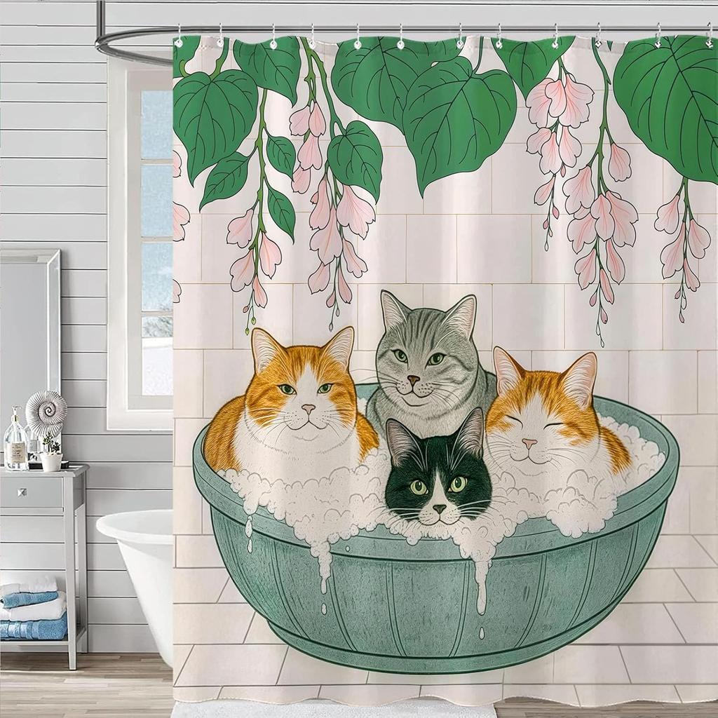 Adorable Cats Shower Curtain Set Cozy Plant Pot Design Waterproof Bathroom Shower Curtain Cute Feline Group Print Charming Home