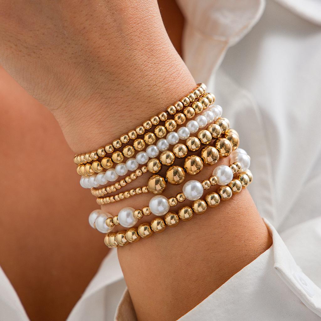 Boho Sweet Imitation Pearl Mixed Round Pearl Bracelet Women's Multi layer Elastic Thread Girls' Jewelry