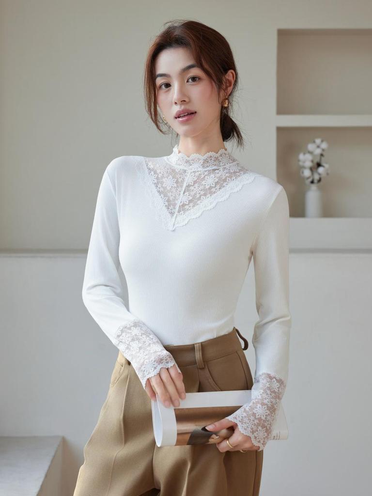 Women's Long-Sleeve Lace Semi-High Neck Fleece Mesh Top for Autumn/Winter