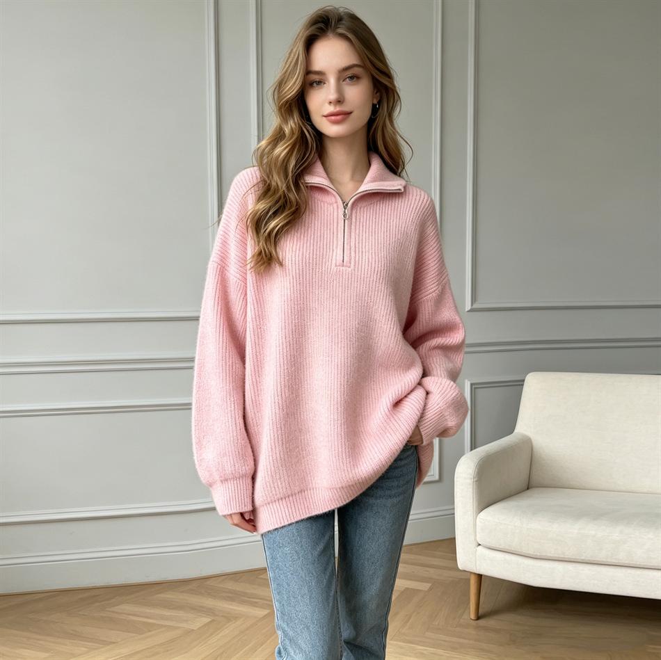 Solid color half-zipper lapel sweater women's soft waxy autumn and winter new loose and lazy outer wear pullover knitted top
