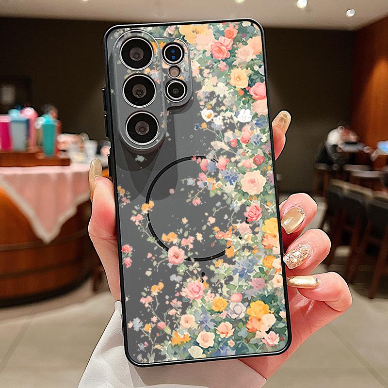 Magnetic For Magsafe Case For Samsung Galaxy S26 Ultra S25 Edge S24 Plus S23 FE S22 A54 A55 A56 5G Flower Garden Pattern Matte Cover