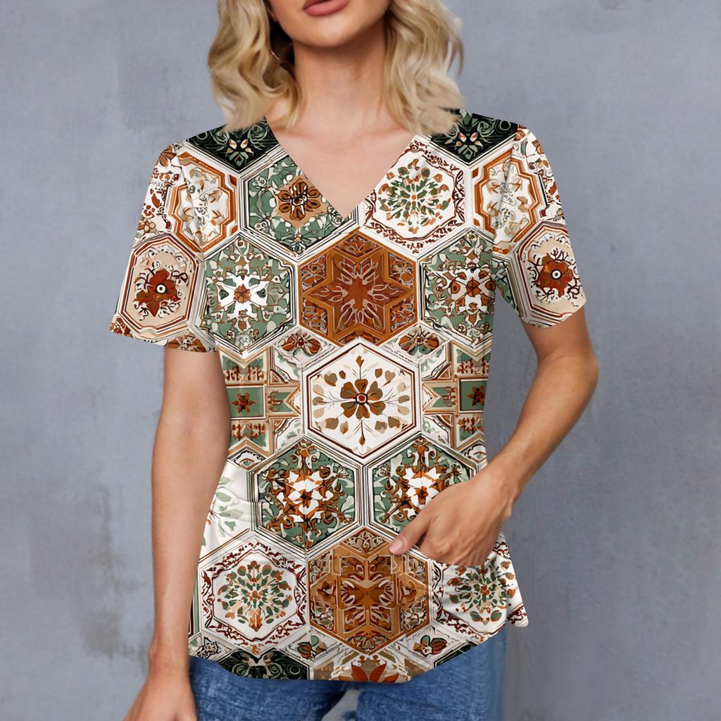 Women's Retro Printed V-Neck Double Pocket Short Sleeves Hem Slit  Uniform Caregiver Top