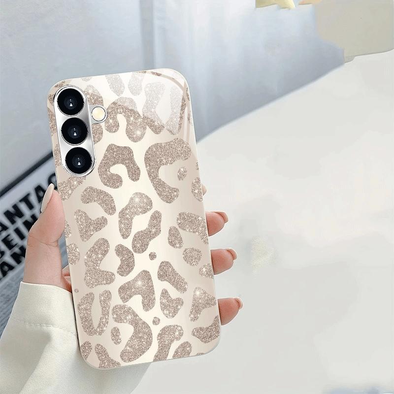 Flash Brown Leopard Print Trendy Pattern Electroplated Silver Glass Phone Case for Samsung Galaxy S26 S25 S24 S23 S22 S21 S20