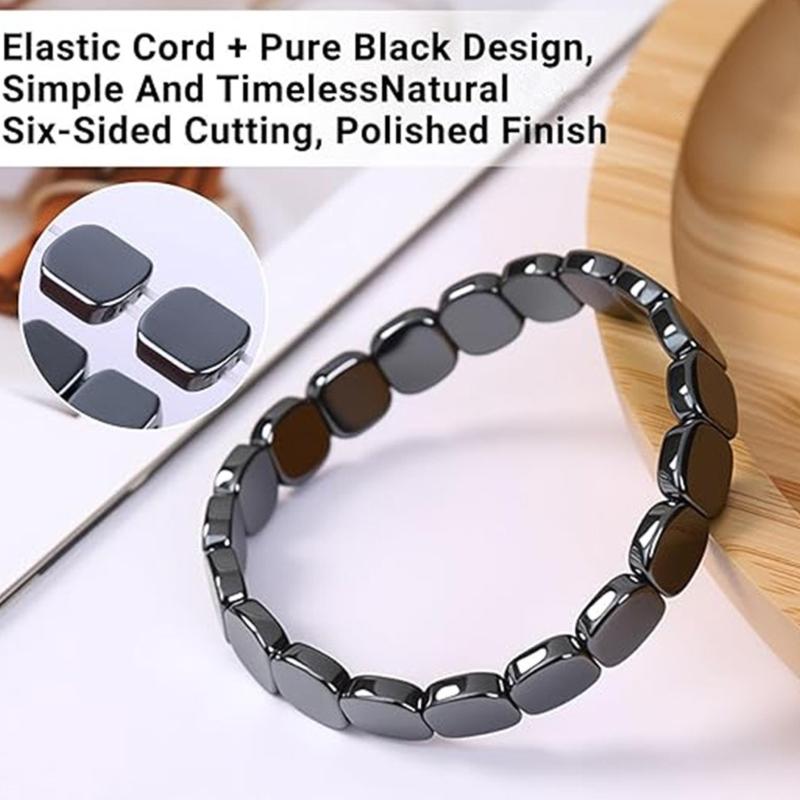 Elastic Hematite Bead Bracelet Square Pattern Natural Black Stone Wristband Comfortable Unisex Wear Daily Accessory