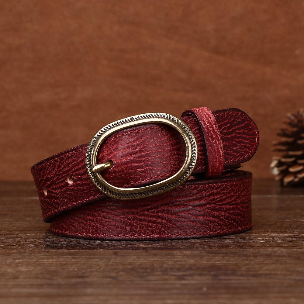 Women's Genuine Leather Engraved Copper Buckle First Layer Cowhide Casual Personality Retro Denim Thin Belt