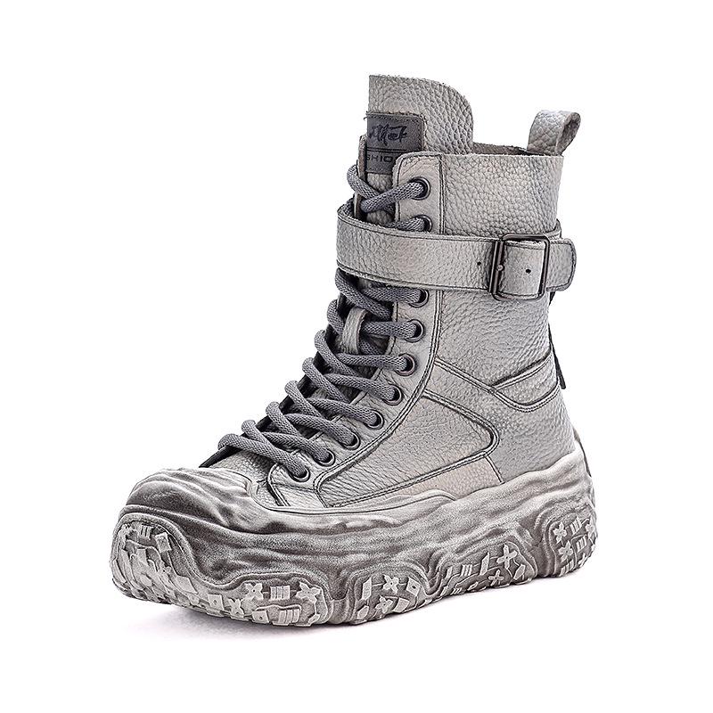 Damen Vintage Leder Motorrad Stiefeletten - Dicke Sohle, Martin Stil, Herbst/Winter Kollektion, Plus Baumwollfutter.