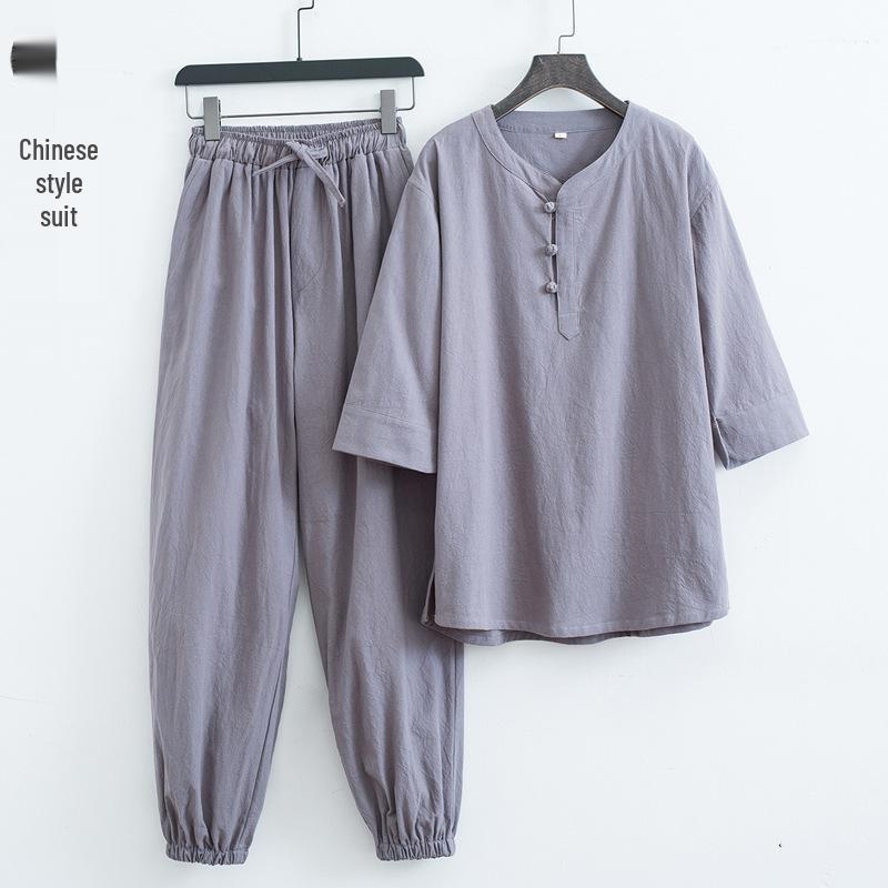 Men's White Zen Buddhist Meditation Suit: Cotton Linen Daoist Robe & Tang-Style Top