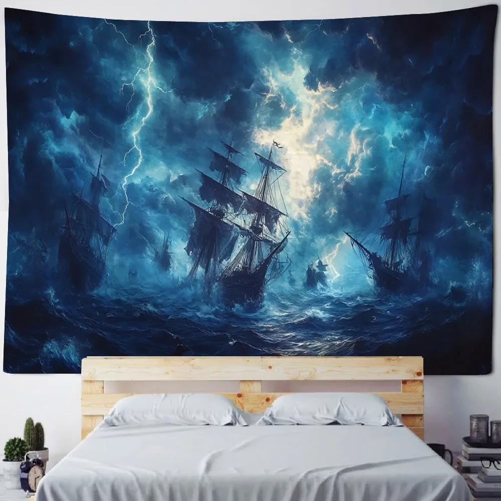 HD-Dreamy Sea & Pirate Ship Wallpaper - Oil Painting Style Wall Art for Bohemian Home Decor, Ocean Themed Room or Bed Cover