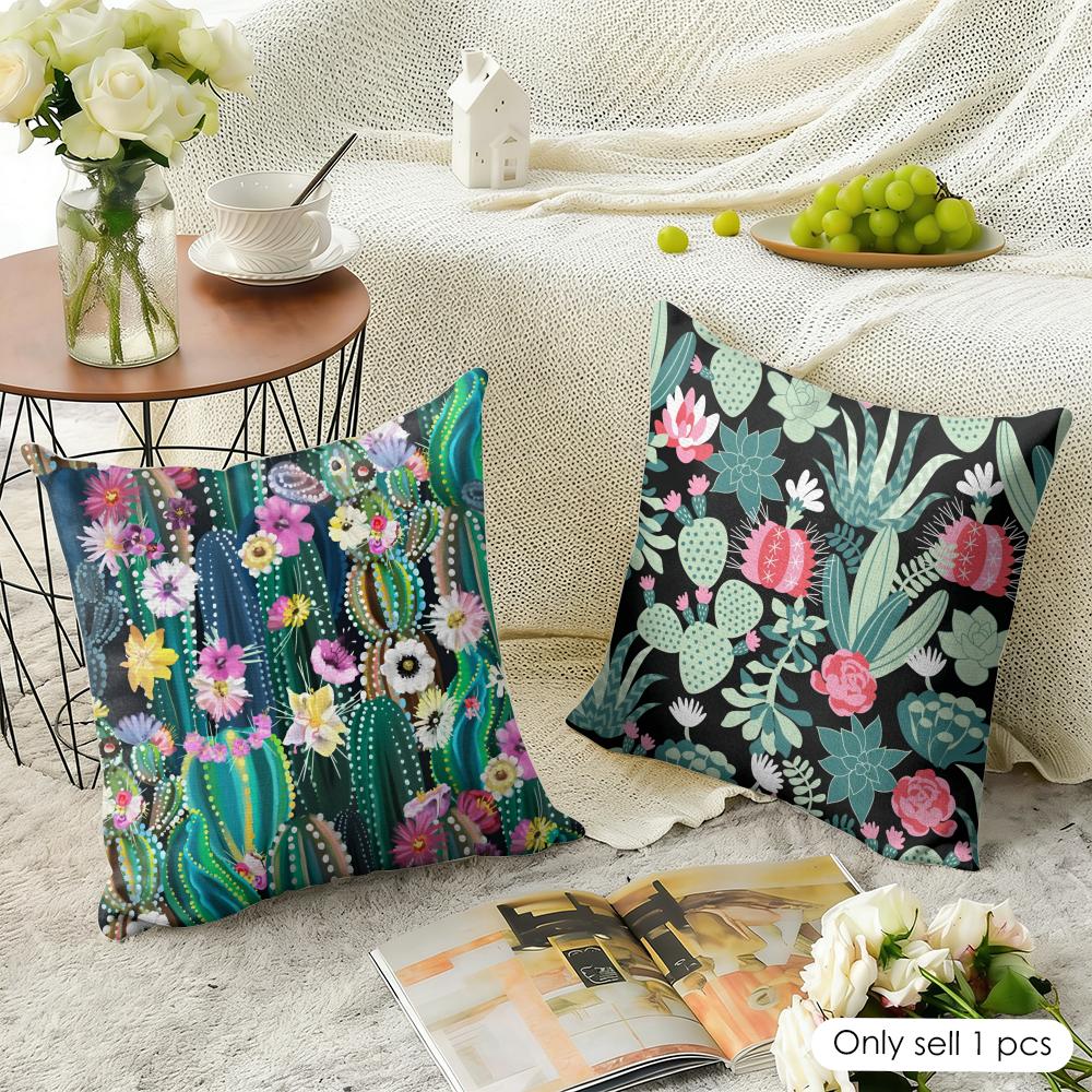 Cactus Pattern Cushion Cover Natural Linen Pillow Cover Double-Sided Print Cushion Cover For Sofa Home Decor