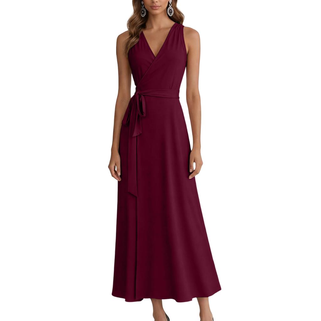 Sleeveless V Neck Wrap Dress for Women with Adjustable Waist Tie and Flared Hem Suitable for Daily Wear and Events