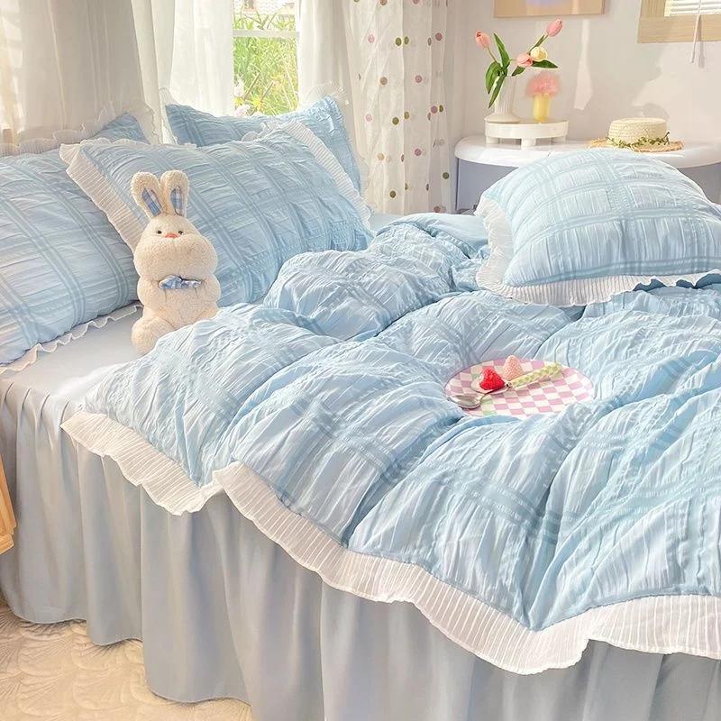 Kawaii Princess Seersucker Bedding Set Luxury Solid Color Duvet Cover Bed Sheet Pillowcase Single Double Size For Girl Decor
