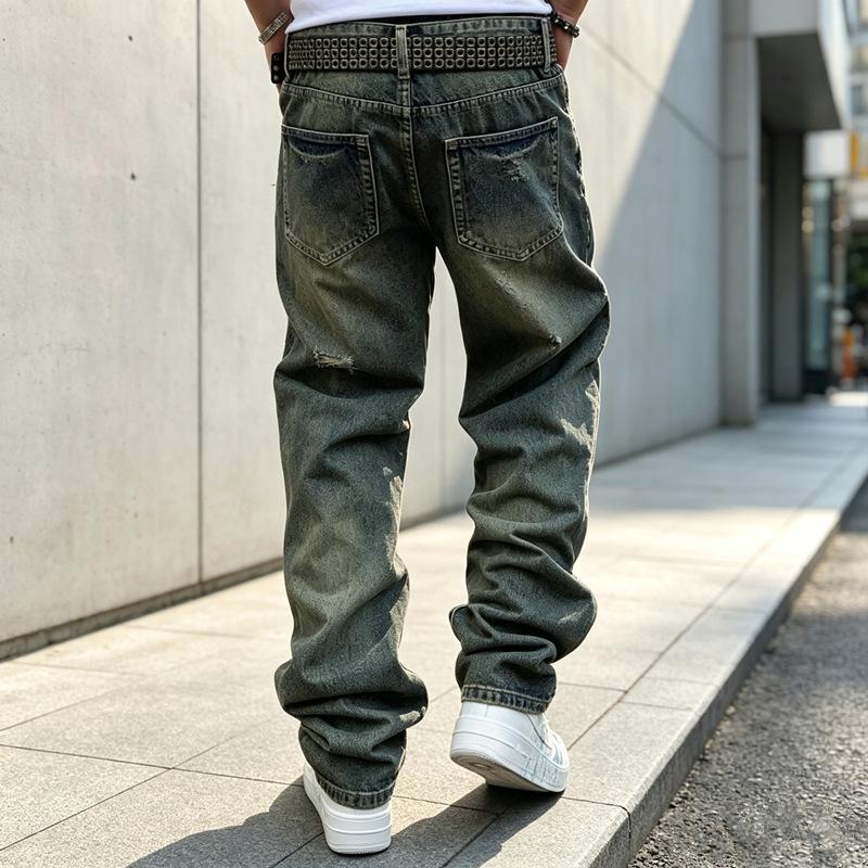 European and American Men's Jeans New Trendy High Street Ripped Old Non-elastic Loose Straight Trousers