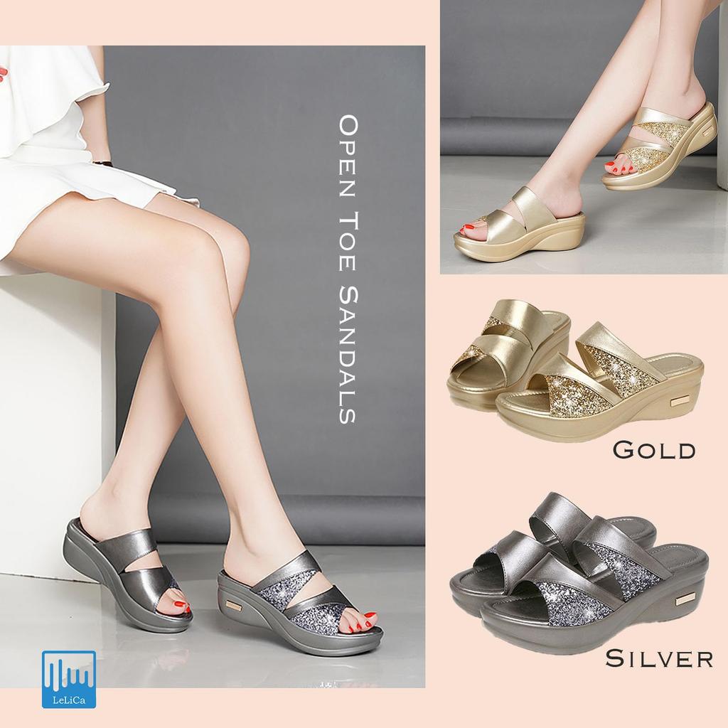 Lelica Sparkly Platform Wedge Easy To Gold and Silver Platform Outdoor Stylish Clogs Sizes Sandals, Leg-Slimming, Lightweight, Mules, Sole, Heels,