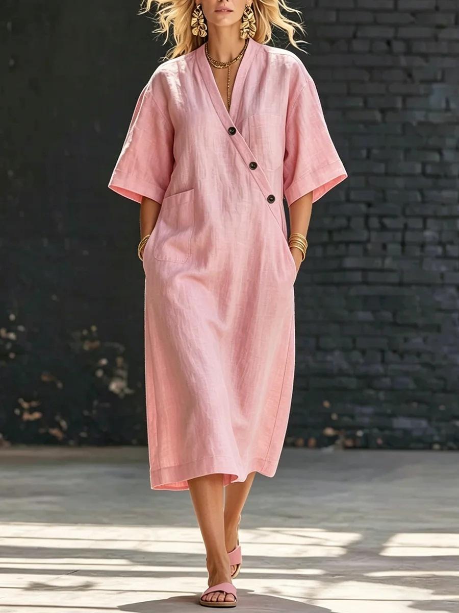 women s V Neck Half Sleeve Loose Fit Button Decor Linen Blend Midi Shirt Dress S розовый