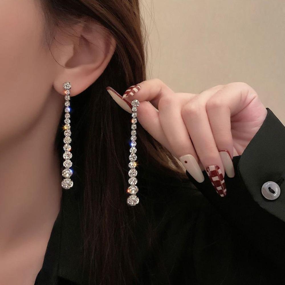 Temperament Luxury Super Sparkly Zircon Long Tassel Dangle Earrings for Women Korean Bride Wedding Engagement Jewelry Accessory