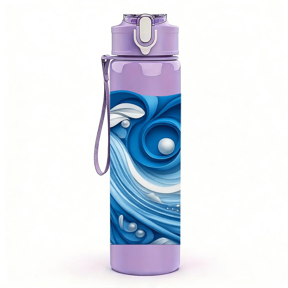 1PC Blue Ocean Wave Swirl Art Print 750ml Color Plastic Sports Water Bottle Leakproof Flip Straw Lid Suitable for Sports Office Home Use