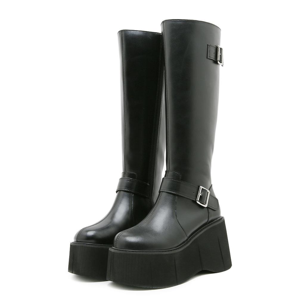 

Gdgydh Comfortable All-Season Motorcycle Boots for Women Flannel Lining Warm Fleece-Lined Insole Knee High Boots Buckle Strap 43 чёрный