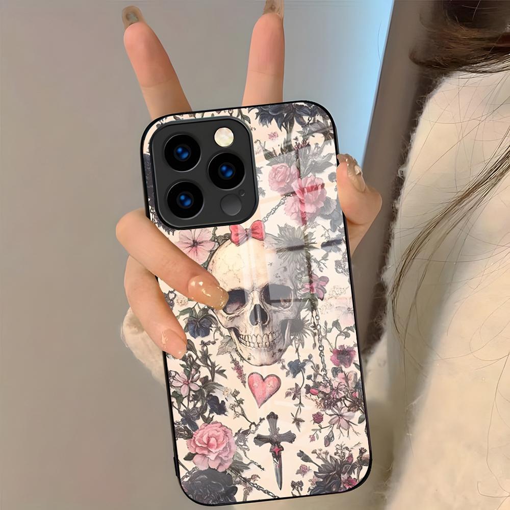 

Чехол для телефона с готическими узорами и черепами ворона для IPhone 17 Pro Max 16 15 14 Pro Max 13 11 Plus Стеклянная крышка iPhone 13