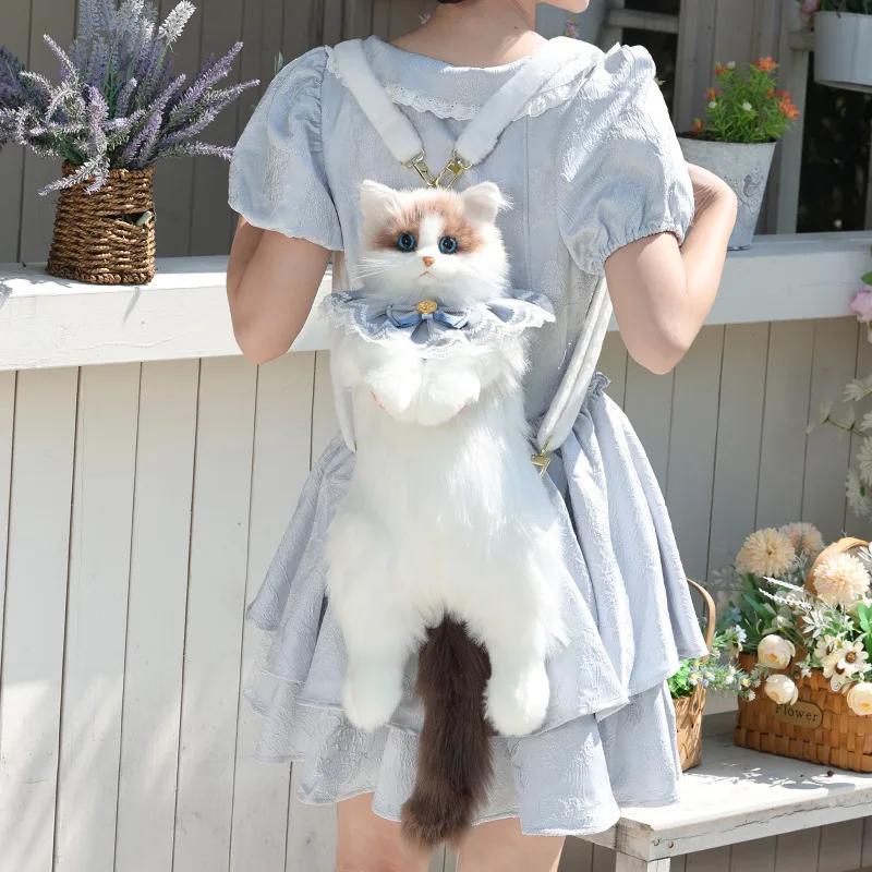 White Super Cute Trendy And Fashionable Cat bags plush Cat Backpack Pure Handmade Simulation Cat Shopping Bag Birthday Gifts Bag