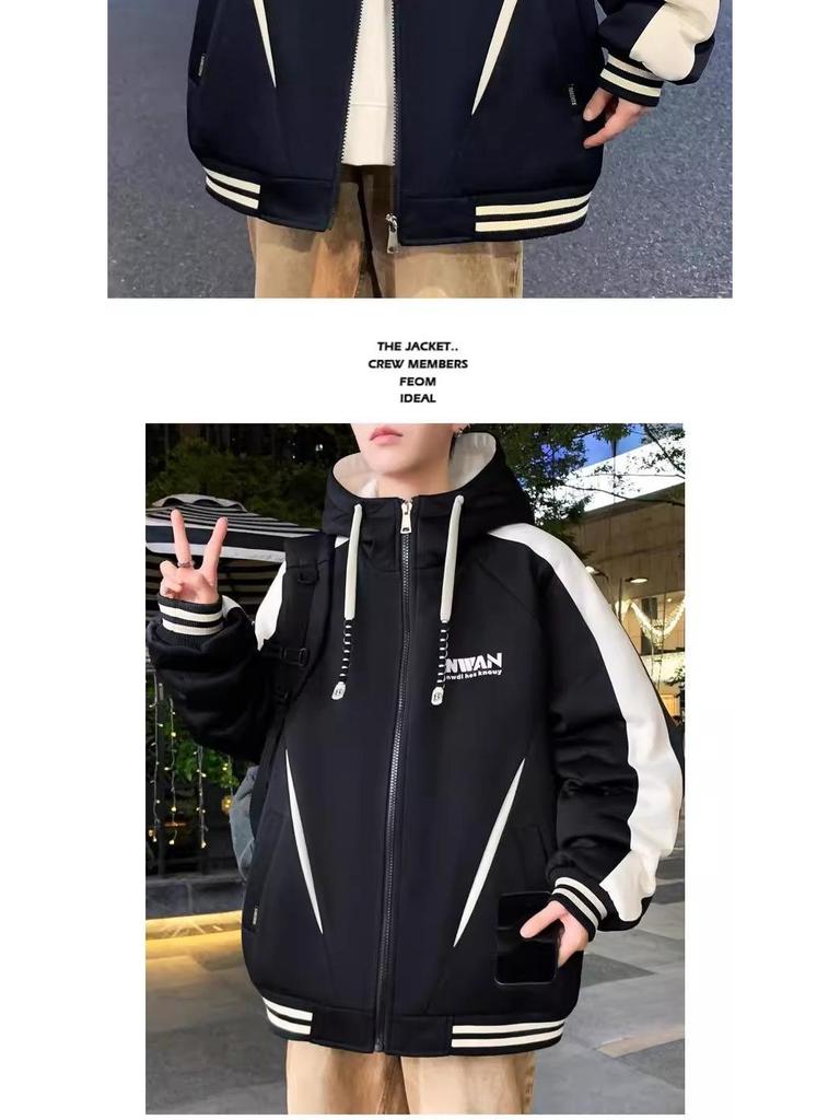 Men's Winter Fleece-Lined Hooded Baseball Jacket - Loose Fit, Plus Size Trend.