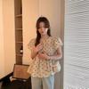 French Retro Bow Puff Sleeve Pleated Top